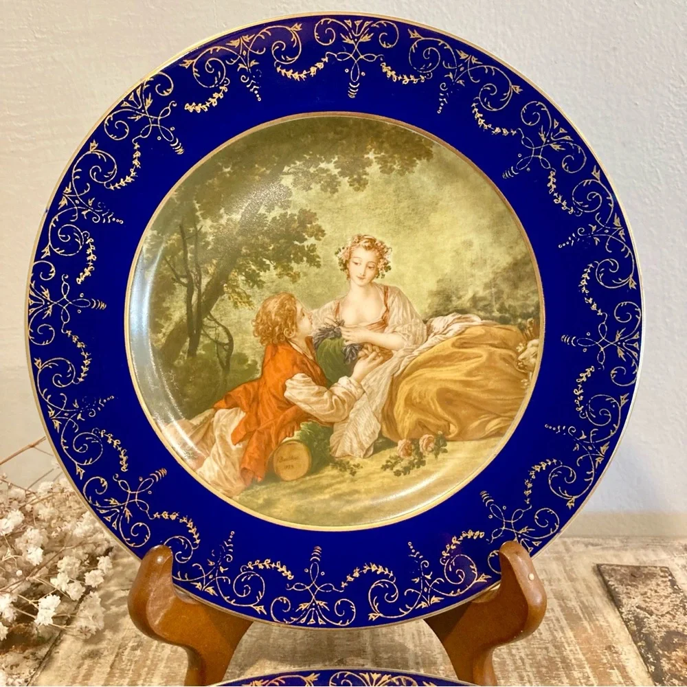 Pair Vintage Reproduction Blue & Gold Decorative Plates Wall Hanging French Art
